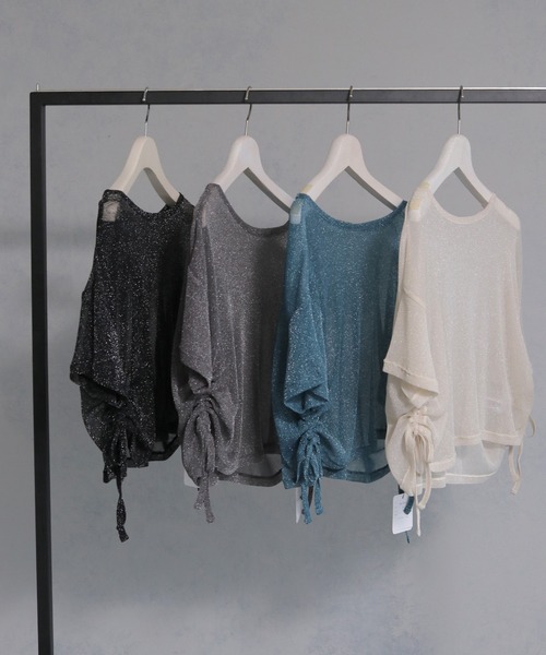 cheriella(シェリエラ)の「【cheriella】ソフトラメ サイドストリングデザインシアートップス SOFT LAME SIDE STRING DESIGN SHEER TOPS(Tシャツ/カットソー・レディース・チャコールグレー/ブラック/アイボリー/ブルーグリーン・M)」の8枚目の写真