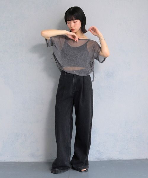 cheriella(シェリエラ)の「【cheriella】ソフトラメ サイドストリングデザインシアートップス SOFT LAME SIDE STRING DESIGN SHEER TOPS(Tシャツ/カットソー・レディース・チャコールグレー/ブラック/アイボリー/ブルーグリーン・M)」の18枚目の写真