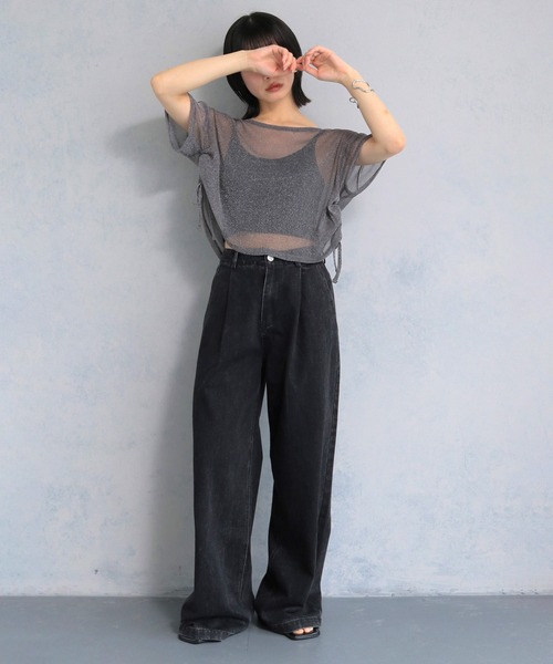 cheriella(シェリエラ)の「【cheriella】ソフトラメ サイドストリングデザインシアートップス SOFT LAME SIDE STRING DESIGN SHEER TOPS(Tシャツ/カットソー・レディース・チャコールグレー/ブラック/アイボリー/ブルーグリーン・M)」の21枚目の写真