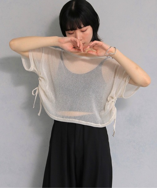 cheriella(シェリエラ)の「【cheriella】ソフトラメ サイドストリングデザインシアートップス SOFT LAME SIDE STRING DESIGN SHEER TOPS(Tシャツ/カットソー・レディース・チャコールグレー/ブラック/アイボリー/ブルーグリーン・M)」の12枚目の写真