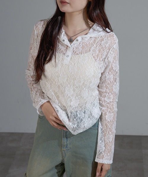 apres jour mignon(アプレジュールミニョン)の「レースフーディートップス【ZOZOTOWN限定アイテム】(その他トップス・レディース・オフホワイト/ブラウン系その他/ブラック・X-LARGE/フリー)」の6枚目の写真
