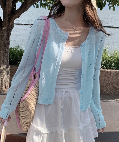 Miniministore（ミニミニストア）の「透かし編みニットカーディガンクロップド丈（カーディガン/ボレロ・レディース・ライトブルー/ライトイエロー/ライトグレー/ホワイト・FREE）」の3枚目の写真