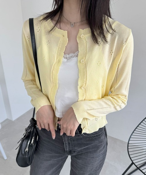 Miniministore（ミニミニストア）の「透かし編みニットカーディガンクロップド丈（カーディガン/ボレロ・レディース・ライトブルー/ライトイエロー/ライトグレー/ホワイト・FREE）」の13枚目の写真