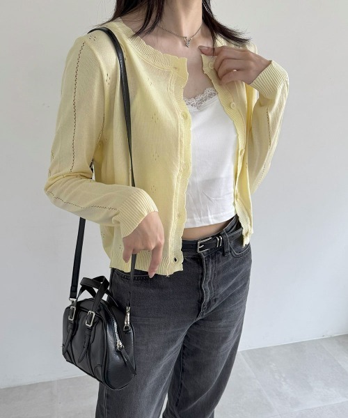 Miniministore（ミニミニストア）の「透かし編みニットカーディガンクロップド丈（カーディガン/ボレロ・レディース・ライトブルー/ライトイエロー/ライトグレー/ホワイト・FREE）」の14枚目の写真