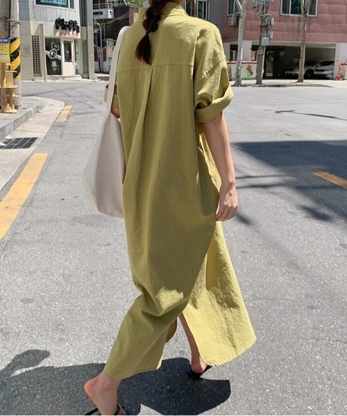 ボタン フロント・ポケット 付き ロングシャツワンピース
