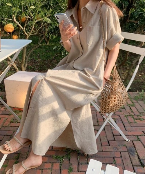 セール】ボタン フロント・ポケット 付き ロングシャツ