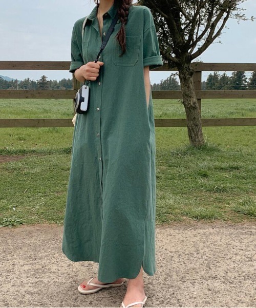 ボタン フロント・ポケット 付き ロングシャツワンピース