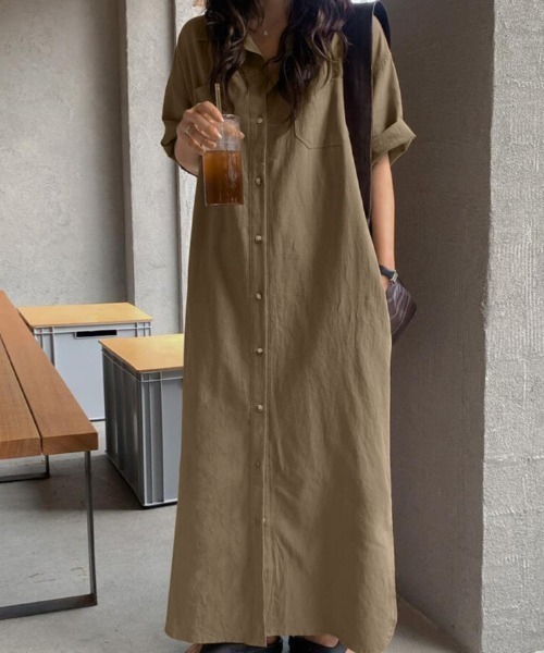 ボタン フロント・ポケット 付き ロングシャツワンピース