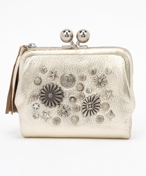 大人気のペルケ perche /マルチスタッズがま口二つ折り財布 グレー 新品！ ペルケ perche / マルチスタッズがま口二つ折りウォレット / UNBILLION