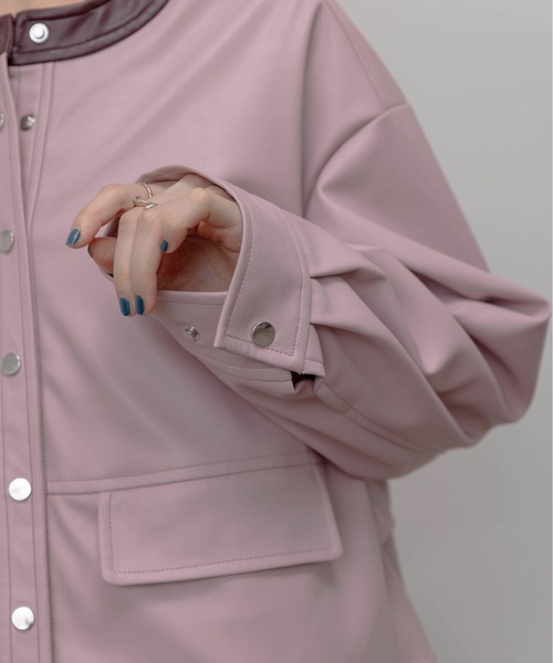 バックフリル 合成皮革ジャケット（ノーカラージャケット）｜Eimee Law