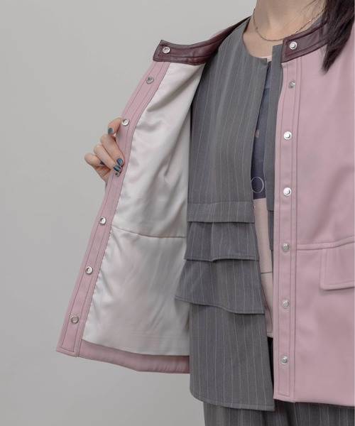 バックフリル 合成皮革ジャケット（ノーカラージャケット）｜Eimee Law