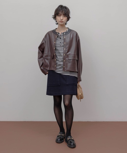 バックフリル 合成皮革ジャケット（ノーカラージャケット）｜Eimee Law