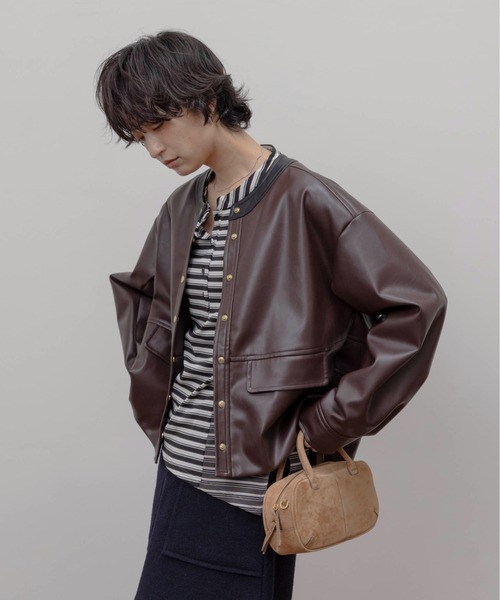 バックフリル 合成皮革ジャケット（ノーカラージャケット）｜Eimee Law