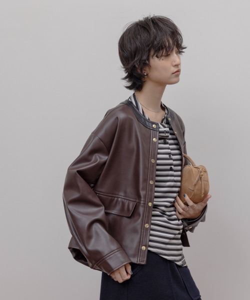 バックフリル 合成皮革ジャケット（ノーカラージャケット）｜Eimee Law