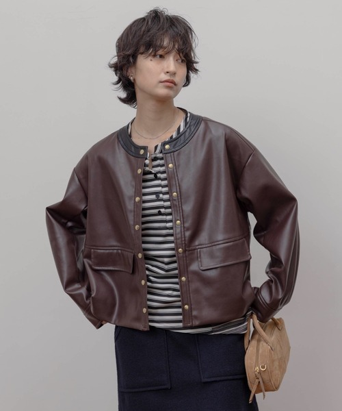新品　今季　エイミーロウ　バックフリル 合成皮革ジャケット　ブラウン 新品 今季 エイミーロウ バックフリル 合成皮革ジャケット
