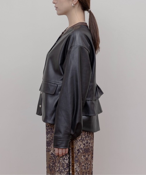 バックフリル 合成皮革ジャケット（ノーカラージャケット）｜Eimee Law