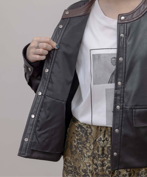 バックフリル 合成皮革ジャケット（ノーカラージャケット）｜Eimee Law
