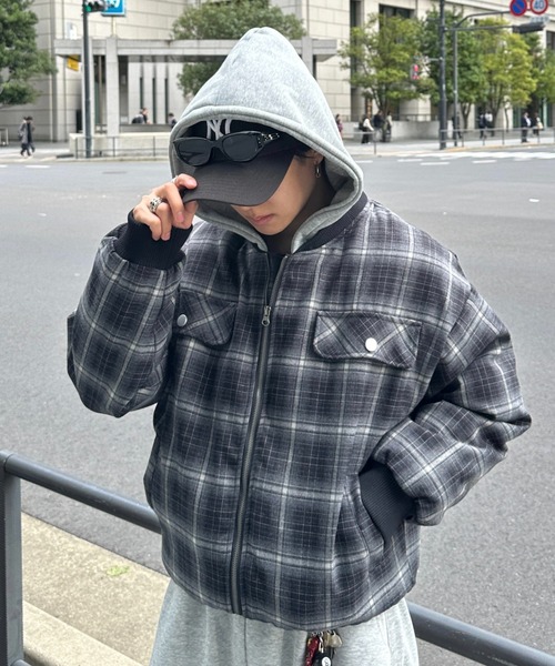 zip up hoodie check blouson - ジップアップフーディーチェック