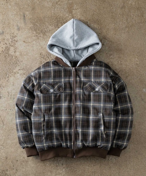zip up hoodie check blouson - ジップアップフーディーチェック