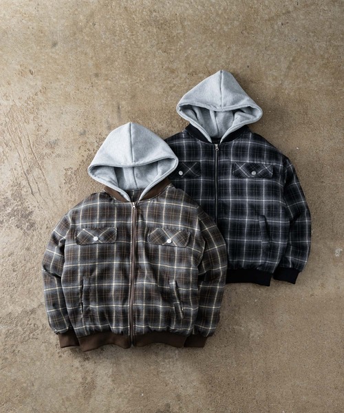 zip up hoodie check blouson - ジップアップフーディーチェック