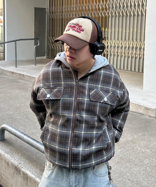 zip up hoodie check blouson - ジップアップフーディーチェック