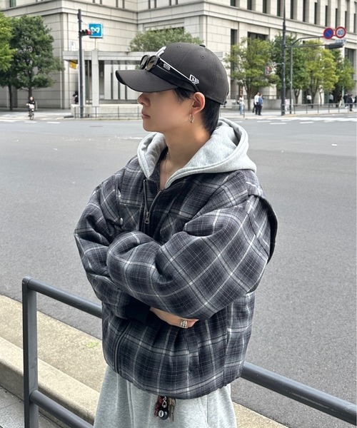 zip up hoodie check blouson - ジップアップフーディーチェック