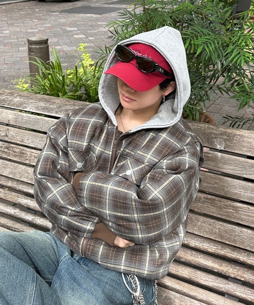 zip up hoodie check blouson - ジップアップフーディーチェック