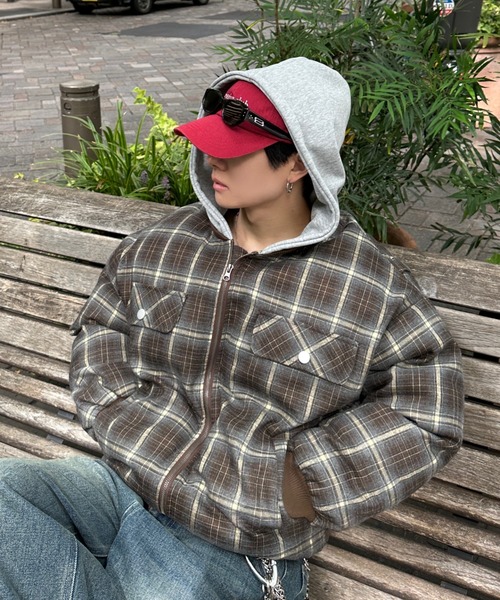 zip up hoodie check blouson - ジップアップフーディーチェック