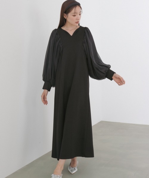 Bab(バブ)の「【S・M・L サイズ展開】袖オーガンジーポンチワンピース(ワンピース・レディース・アイボリー/ブラック/ベージュ・S/M/L)」の1枚目の写真