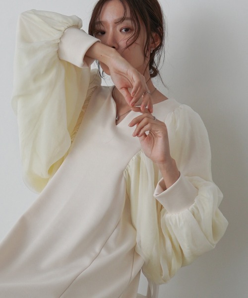 Bab(バブ)の「【S・M・L サイズ展開】袖オーガンジーポンチワンピース(ワンピース・レディース・アイボリー/ブラック/ベージュ・S/M/L)」の12枚目の写真