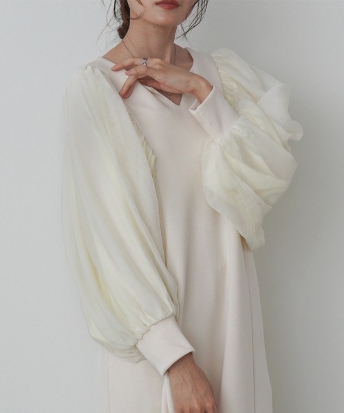 Bab(バブ)の「【S・M・L サイズ展開】袖オーガンジーポンチワンピース(ワンピース・レディース・アイボリー/ブラック/ベージュ・S/M/L)」の15枚目の写真