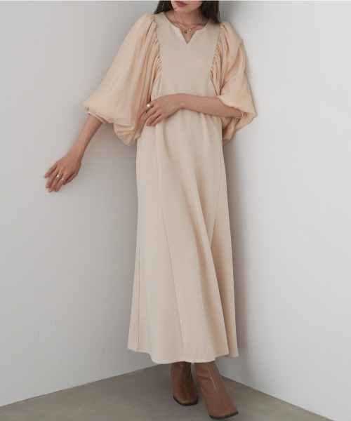 Bab(バブ)の「【S・M・L サイズ展開】袖オーガンジーポンチワンピース(ワンピース・レディース・アイボリー/ブラック/ベージュ・S/M/L)」の13枚目の写真