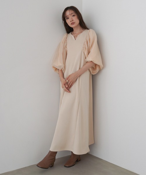 Bab(バブ)の「【S・M・L サイズ展開】袖オーガンジーポンチワンピース(ワンピース・レディース・アイボリー/ブラック/ベージュ・S/M/L)」の7枚目の写真
