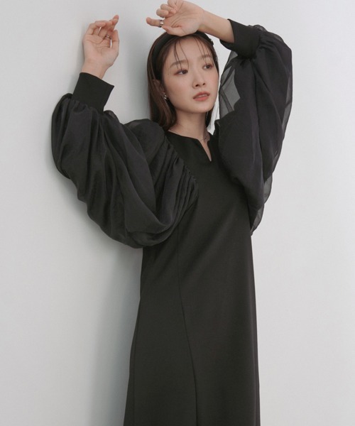 Bab(バブ)の「【S・M・L サイズ展開】袖オーガンジーポンチワンピース(ワンピース・レディース・アイボリー/ブラック/ベージュ・S/M/L)」の17枚目の写真