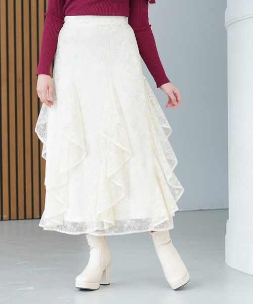 ASTORIA ODIER(アストリアオディール)の「シャイニーレースフリルスカート(スカート・レディース・ネイビー/アイボリー/ブルー・SMALL/MEDIUM)」の1枚目の写真