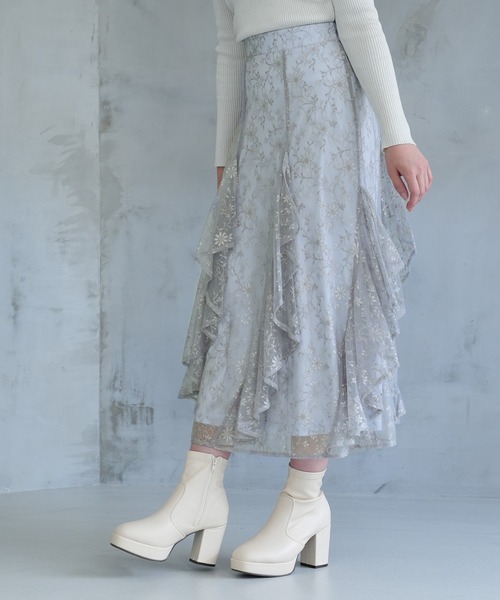 ASTORIA ODIER(アストリアオディール)の「シャイニーレースフリルスカート(スカート・レディース・ネイビー/アイボリー/ブルー・SMALL/MEDIUM)」の4枚目の写真