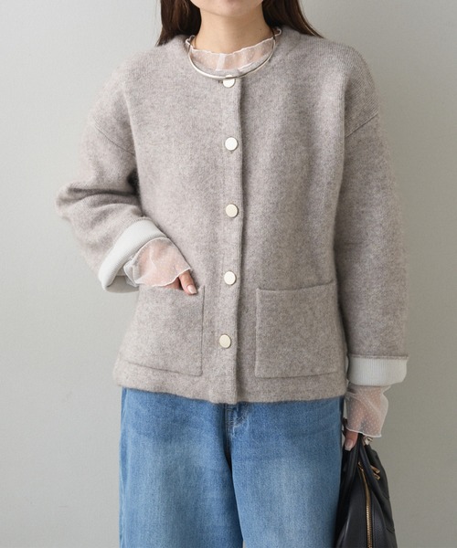 セール】Wフェイスニット ノーカラージャケット（カーディガン/ボレロ