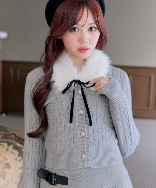 セール】ファーティペット付ケーブルカーデ（カーディガン/ボレロ