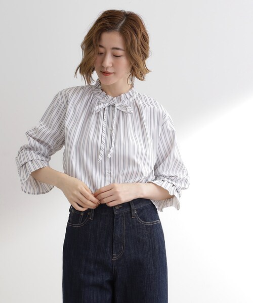 grove（グローブ）の「フリルカラーリボンブラウス（シャツ/ブラウス・レディース・オフホワイト/ブルー系2/ベージュ系2/ネイビー・02/03/04/01/05）」の7枚目の写真