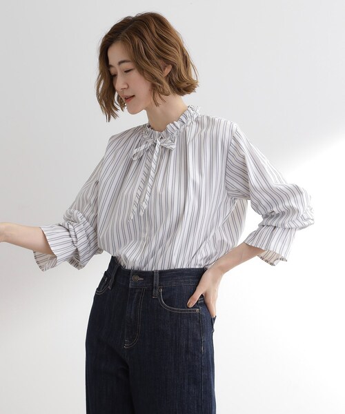 grove（グローブ）の「フリルカラーリボンブラウス（シャツ/ブラウス・レディース・オフホワイト/ブルー系2/ベージュ系2/ネイビー・02/03/04/01/05）」の8枚目の写真