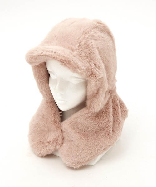 an meets zakka（アンミツザッカ）の「an meets zakka ショートファーツバ付きフーディーバラクラバ（ネックウォーマー/スヌード・レディース・ブラック/ホワイト/ピンク/グレー/ベージュ・FREE）」の5枚目の写真