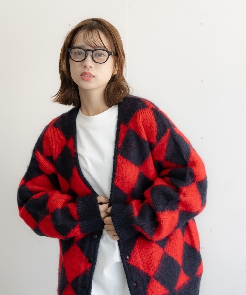 bashful base Oriental（バッシュフルベースオリエンタル）の「【bbO】シャギーモヘアタッチニットカーディガン アーガイル柄/ダイヤ柄/チェック柄（ニット/セーター・メンズ・ネイビー系/オレンジ系/ブラック×グレー/ブラック系・MEDIUM/LARGE）」の21枚目の写真