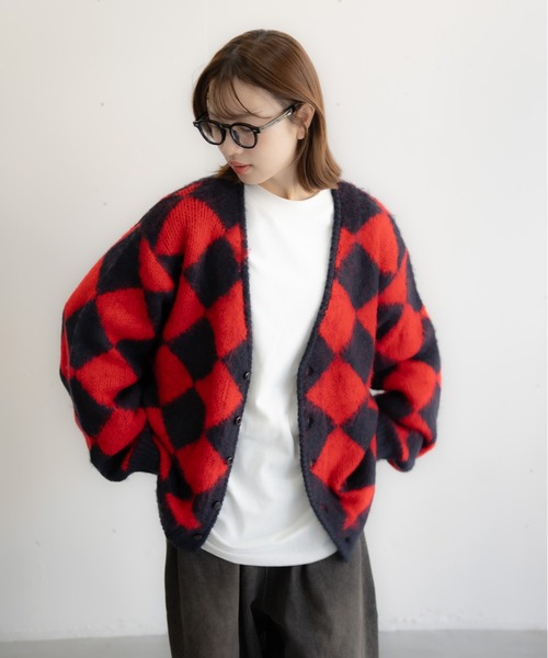 bashful base Oriental（バッシュフルベースオリエンタル）の「【bbO】シャギーモヘアタッチニットカーディガン アーガイル柄/ダイヤ柄/チェック柄（ニット/セーター・メンズ・ネイビー系/オレンジ系/ブラック×グレー/ブラック系・MEDIUM/LARGE）」の20枚目の写真
