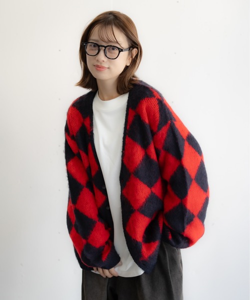 bashful base Oriental（バッシュフルベースオリエンタル）の「【bbO】シャギーモヘアタッチニットカーディガン アーガイル柄/ダイヤ柄/チェック柄（ニット/セーター・メンズ・ネイビー系/オレンジ系/ブラック×グレー/ブラック系・MEDIUM/LARGE）」の19枚目の写真