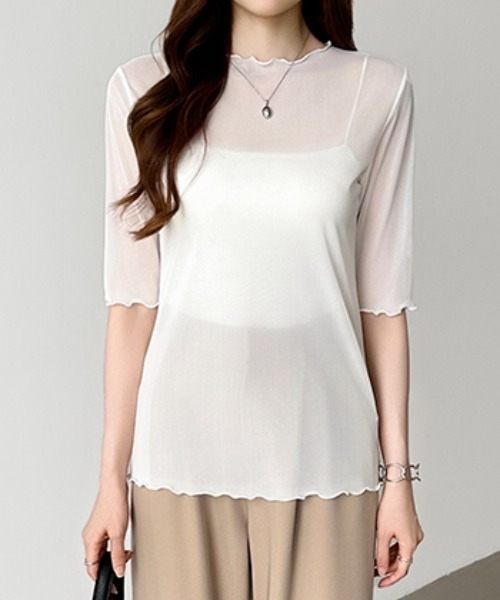 COCOMOMO(ココモモ)の「トップスにもレイヤードにも使いやすい シアートップス メローデザイン カットソー 半袖 シアー トップス シースルー レイヤードトップス インナー 五分袖 春服 夏服(Tシャツ/カットソー・レディース・ベージュ/ホワイト/ブラック・FREE)」の18枚目の写真