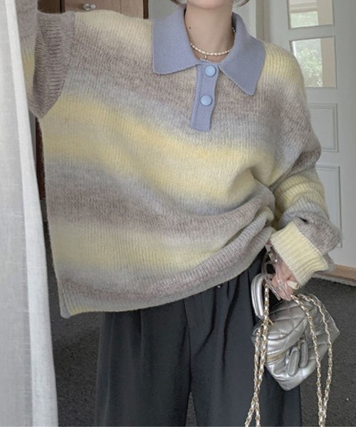 CADBURY(キャドバリー)の「衿付グラデーションボーダーニット(ニット/セーター・レディース・マルチ・SMALL/MEDIUM/LARGE/X-LARGE)」の4枚目の写真