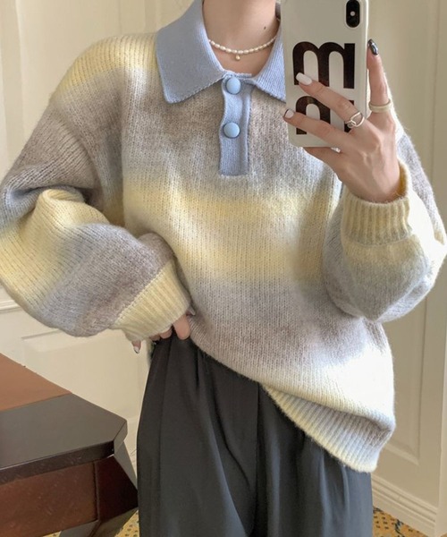 CADBURY(キャドバリー)の「衿付グラデーションボーダーニット(ニット/セーター・レディース・マルチ・SMALL/MEDIUM/LARGE/X-LARGE)」の7枚目の写真