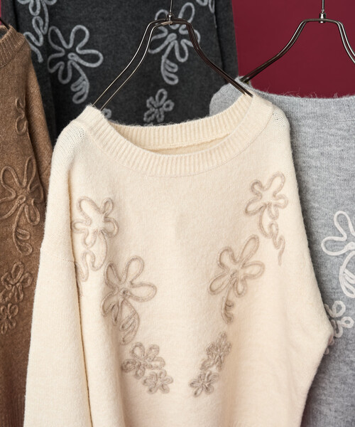 セール】配色 コード刺繍 花柄 ニット プルオーバー（ニット/セーター