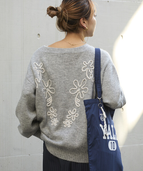 セール】配色 コード刺繍 花柄 ニット プルオーバー（ニット/セーター