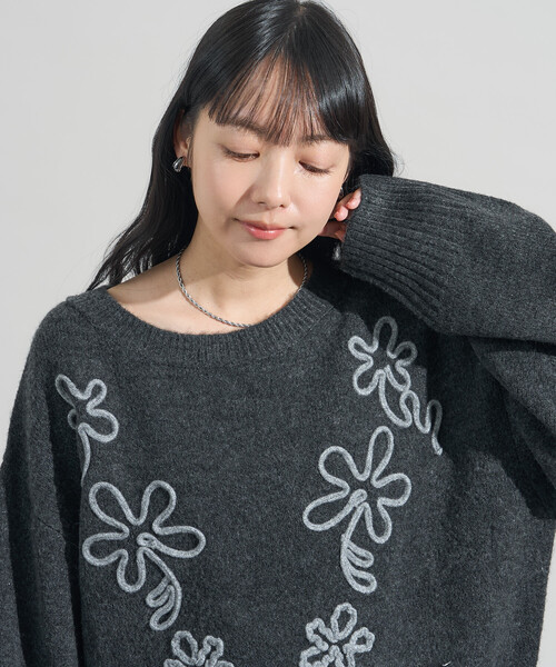 セール】配色 コード刺繍 花柄 ニット プルオーバー（ニット/セーター